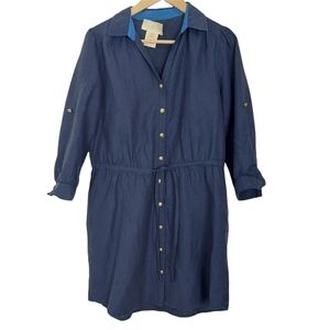 Julie Brown Vintage Size 8 Blue Button Drawstring Waist Linen Blend Shirt Dress